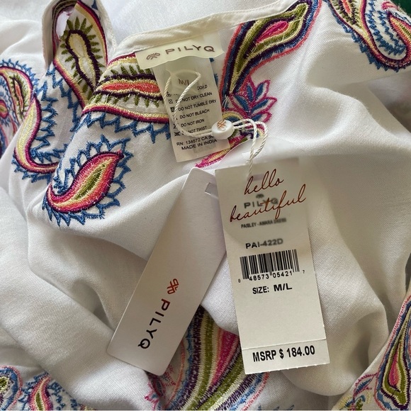 PilyQ PQ White Rayon Multicolor Paisley Embroidered Tassel Amara Dress NWT M/L - Picture 8 of 10